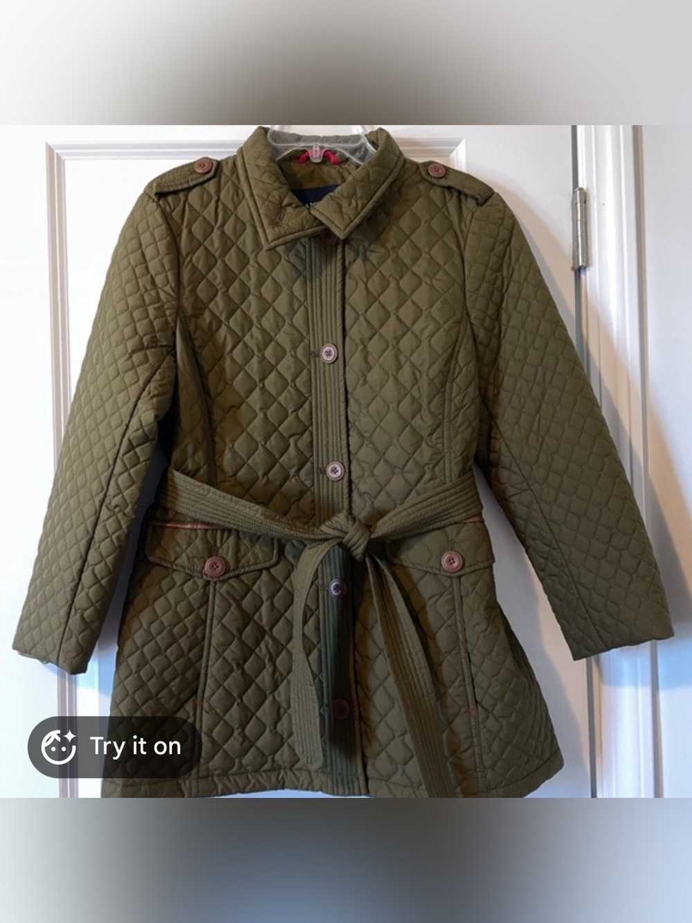 Lands End Quilted Belted Jacket Olive Green Size XS